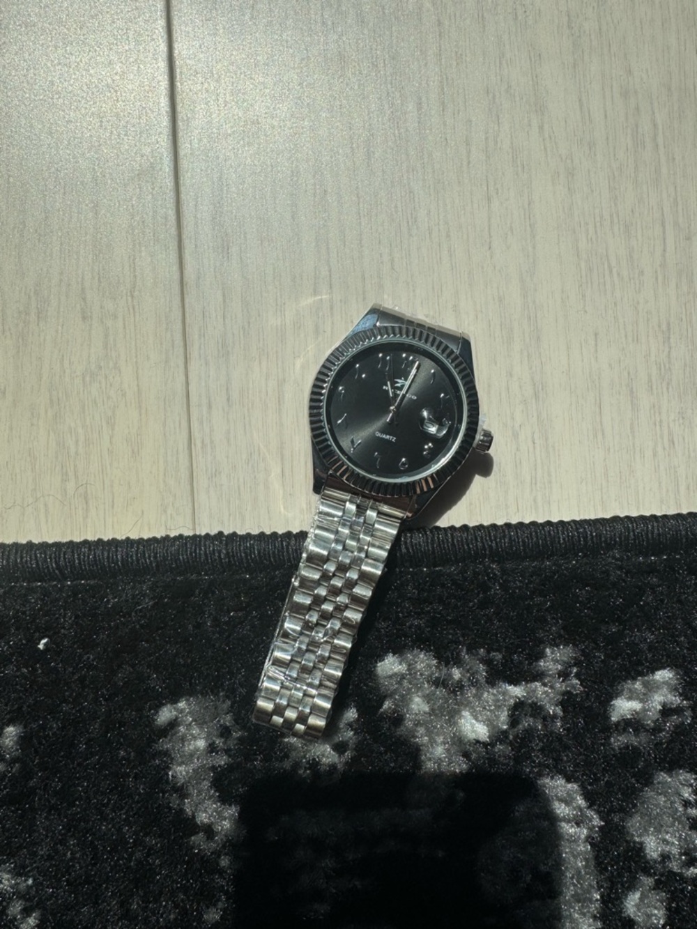 Arabic Dial Silver Stainless Steel Quartz Watch with Black Dial - Brand New